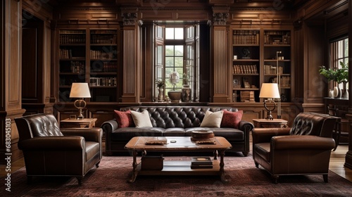 A traditional-style study room with rich wood paneling, a stately desk, and leather seating for a classic look.