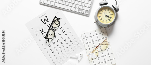 Eyeglasses, alarm clock, no...
