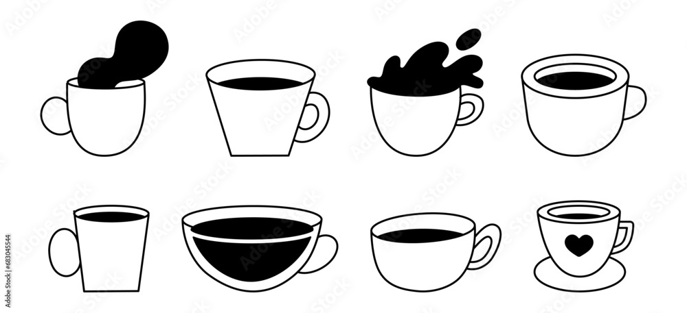 Vector logo and branding design elements, coffee cups, concept simple linear illustration for cafe, menu, banner, print, minimalistic outline icon