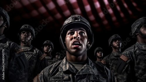 Portrait of a young soldier in a military uniform with his team in the background. USA. Independence Day. July 4 Concept. Patriotism Concept. Military Concept.