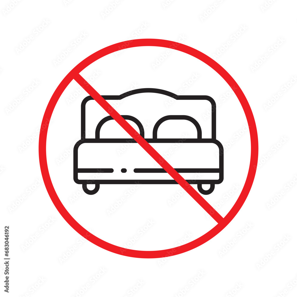 Forbidden bed vector icon. Warning, caution, attention, restriction, label, ban, danger. No bed ball flat sign design pictogram symbol. No bed icon UX UI icon