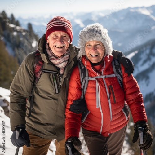 Happy senior couple in winter mountains. Travel, vacation and people concept.