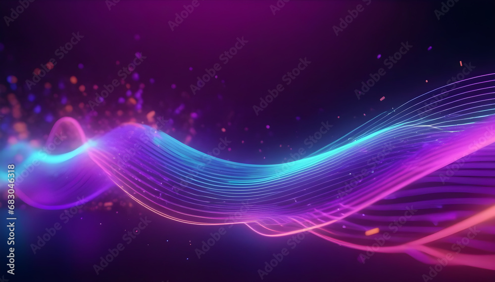 Abstract colored background with curved neon lines glowing in the ultraviolet spectrum on a dark background.