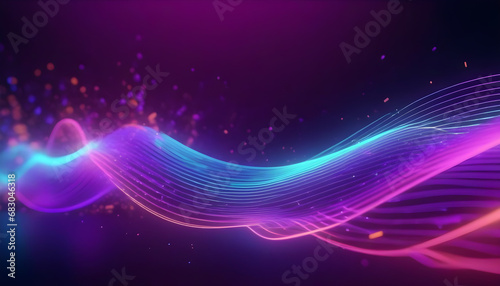 Abstract colored background with curved neon lines glowing in the ultraviolet spectrum on a dark background.