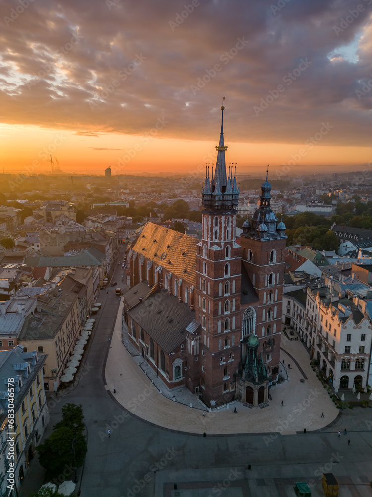 custom made wallpaper toronto digitalAerial view of St Mary's church in Krakow, Poland, during colorful sunrise