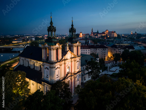 St Stanislaw church on Skalka in Krakow, Poland with Wawel castle in the background