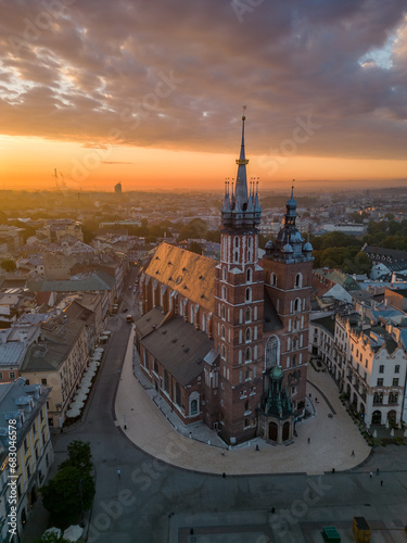 Wallpaper Mural Aerial view of St Mary's church in Krakow, Poland, during colorful sunrise Torontodigital.ca