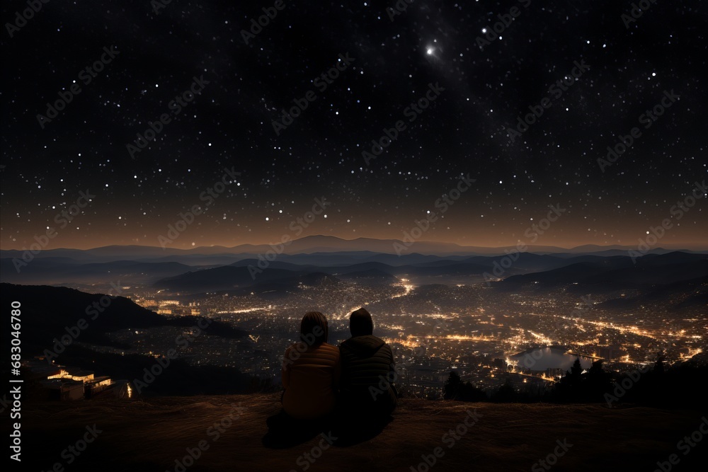Captivating Scene. Young Couple Stargazing in Awe of Meteor Showers on Serene Hilltop