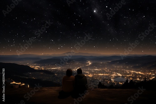 Captivating Scene. Young Couple Stargazing in Awe of Meteor Showers on Serene Hilltop