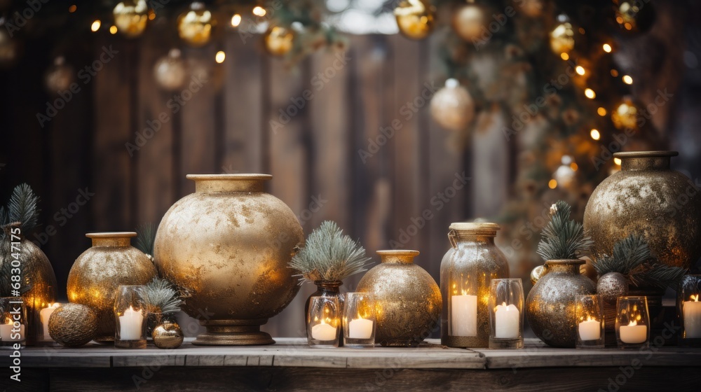 A warm and inviting Christmas setup with golden ornaments, greenery, and a rustic wood background A warm and inviting Christmas setup with golden ornaments, greenery, and a rustic wood background