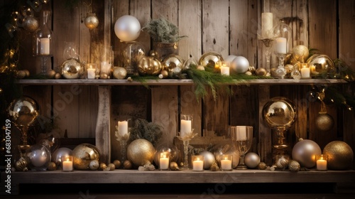 A warm and inviting Christmas setup with golden ornaments, greenery, and a rustic wood background