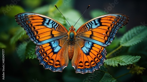 A butterfly perched on a leaf, its delicate wings showcasing intricate patterns and vibrant colors © olegganko