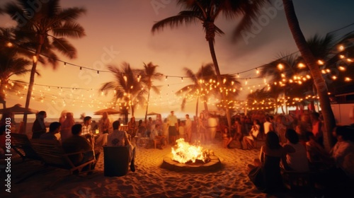 a beach party with palm trees and light bulb garlands framing the scene