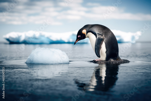 penguin on an ice floe at sunset