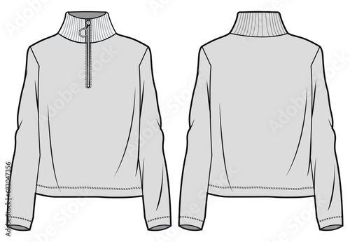 Long Sleeve High Neck Half Zip Down Jacket Front and Back View. Fashion Illustration, Vector, CAD, Technical Drawing, Flat Drawing, Template, Mockup.