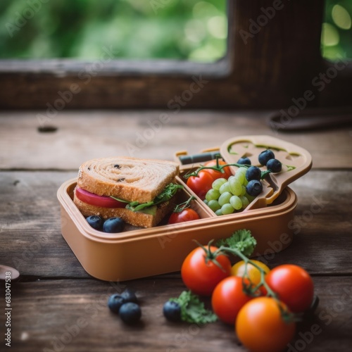 A healthy lunch box with fruits, berries and sandwiches on a wooden windowsill, top view. Generative Ai.