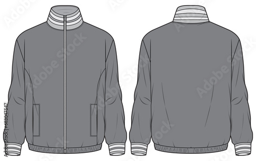 High Neck Bomber Jacket Front and Back View. Fashion Illustration, Vector, CAD, Technical Drawing, Flat Drawing, Template, Mockup.
