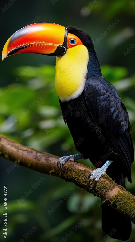 An exotic toucan perched on a tree branch, its vibrant orange and yellow beak contrasting against An exotic toucan perched on a tree branch, its vibrant orange and yellow beak contrasting against
