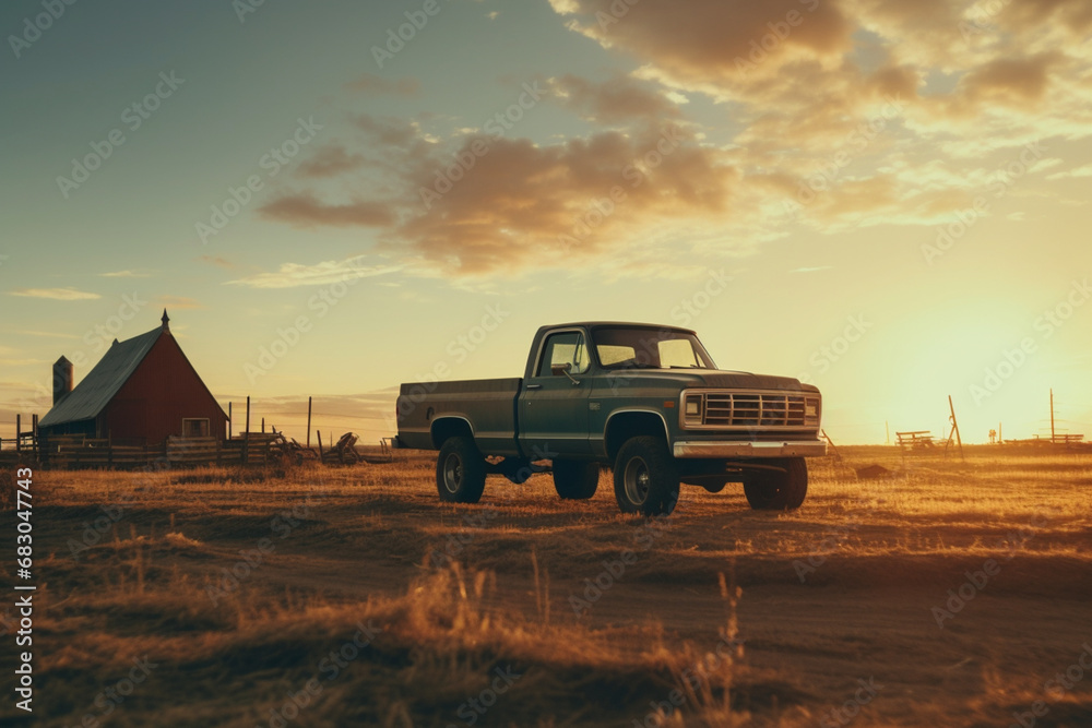Old Pickup Truck in the prairie at sunset, vintage tone, Generative Ai