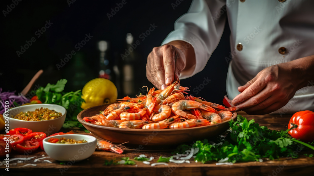 Chef cooking shrimps on a wooden table.