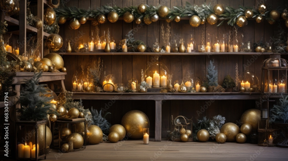 A warm and inviting Christmas setup with golden ornaments, greenery, and a rustic wood background