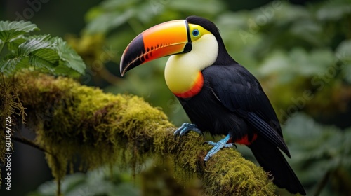 An exotic toucan perched on a tree branch, its vibrant orange and yellow beak contrasting against