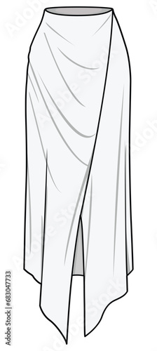 Wrap Around Sarong Tight Maxi Skirt, Beach Maxi Skirt Fashion Illustration, Vector, CAD, Technical Drawing, Flat Drawing, Template, Mockup