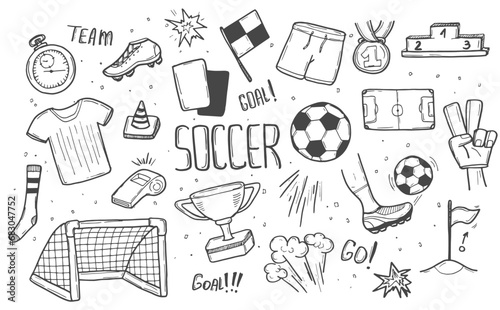 Soccer icon set in doodle style isolated on white background. Football concept sketch set in vector