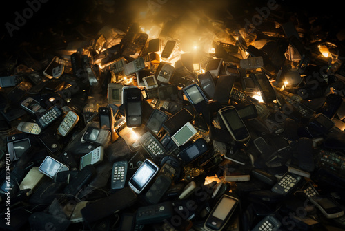 Pile of old mobile phones on the ground in a garbage dump, Generative Ai