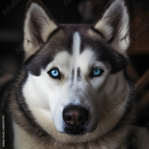 Close up of Siberian husky with blue eyes portrait on a dark background.