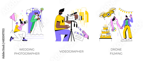 Freelance photographer isolated cartoon vector illustrations set. Self-employed man takes professional wedding photo, creative video making, filming event, drone videography business vector cartoon.