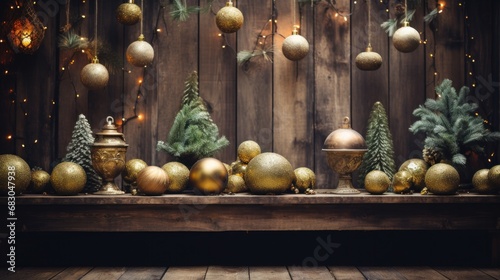 A warm and inviting Christmas setup with golden ornaments, greenery, and a rustic wood background