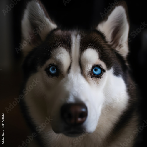 Close up of Siberian husky with blue eyes portrait on a dark background. © Наиля Якубова