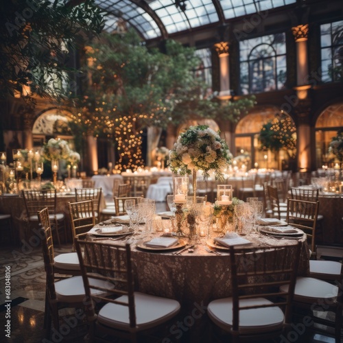 wedding reception set up in a grand ballroom with elegant decor. © olegganko