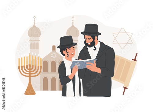 Judaism isolated concept vector illustration. Judaism monotheistic religion, orthodox jewish, star of david, torah scroll in synagogue, oldest faith, kippah, hanukkah menorah vector concept.