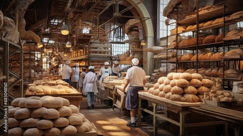 bustling bakery, with bakers in white aprons and hats moving around racks of bread and pastries