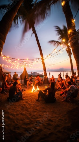 a beach party with palm trees and light bulb garlands framing the scene