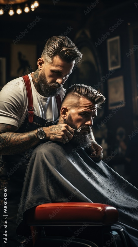 barber trimming a client's hair with electric clippers, capturing the movement - obrazy, fototapety, plakaty 