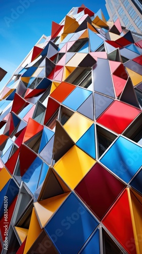geometrically designed building with sharp angles and vibrant colors,