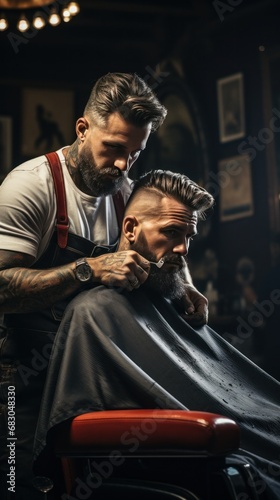 barber trimming a client's hair with electric clippers, capturing the movement photo