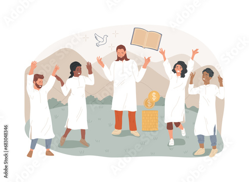 Religious sect isolated concept vector illustration. Religious group, philosophical belief system, protest element, spiritual movement, sacred ritual, praying to god, young monk vector concept.