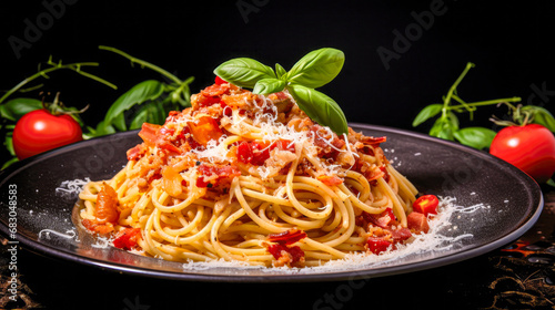 Spaghetti with tomato sauce and parmesan on a white plate
