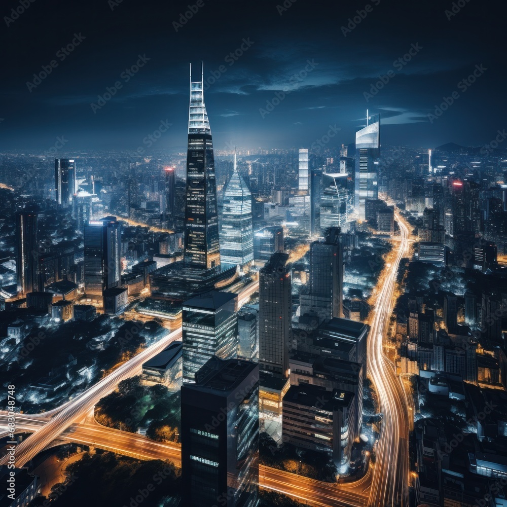 Obraz premium a city skyline at night, featuring sleek and modern buildings with clean lines and bold architecture