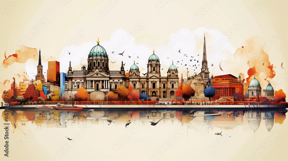 Drawing of berlin with landmark and popular for tourist attractions - obrazy, fototapety, plakaty 