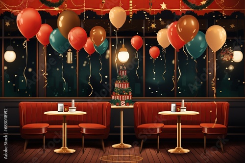 Retro illustration of a stylized New Year's Eve cafe with vintage furniture