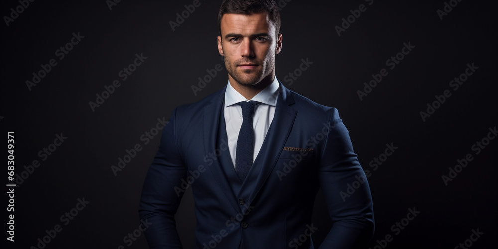 Fototapeta premium Corporate executive's studio portrait, confident stance, tailored suit, crisp shirt, power look, seamless mid-tone background