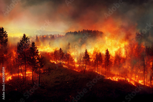 Forest fire disaster illustration  trees burning at night  wildfire nature destruction  damaged environment caused by global warming