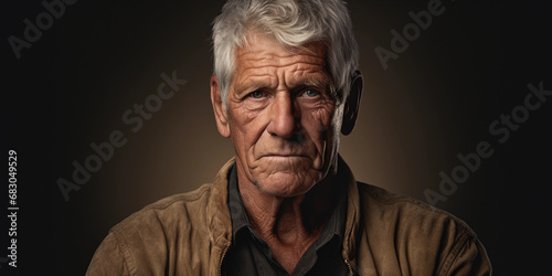 Elderly man's character portrait, detailed facial lines, storytelling eyes, warm sepia tone, side lighting for depth
