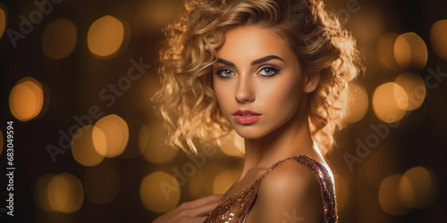 Glamorous studio portrait of a young woman, vintage Hollywood style, soft curls, sequined gown, looking over the shoulder