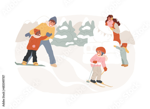 Winter outdoor fun isolated concept vector illustration. Winter activity for kids, having fun in snow, family time outdoors, building a snowman, snowball fight, sledding vector concept.